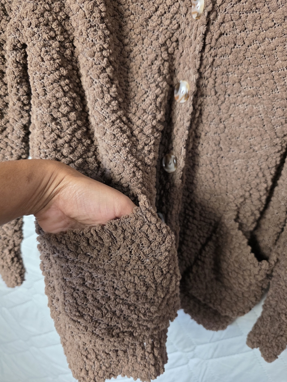 Zenana Outfitters Brown Cozy Popcorn Knit Button-Front Sweater Sz XL - Picture 3 of 9